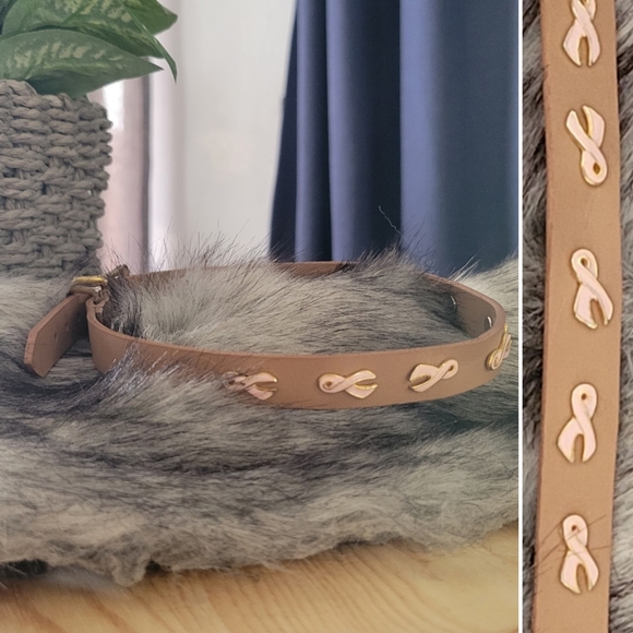 Dog collar, brown leather, breast cancer logo, 18" total length - Picture 1 of 10
